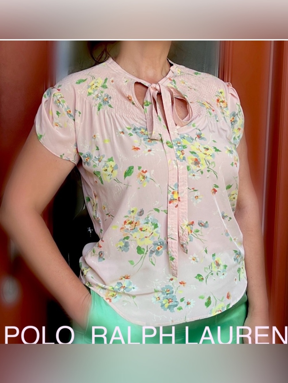 POLO RALPH LAUREN Short sleeve Smocked Pussybow VISCOSE blouse size XS-M